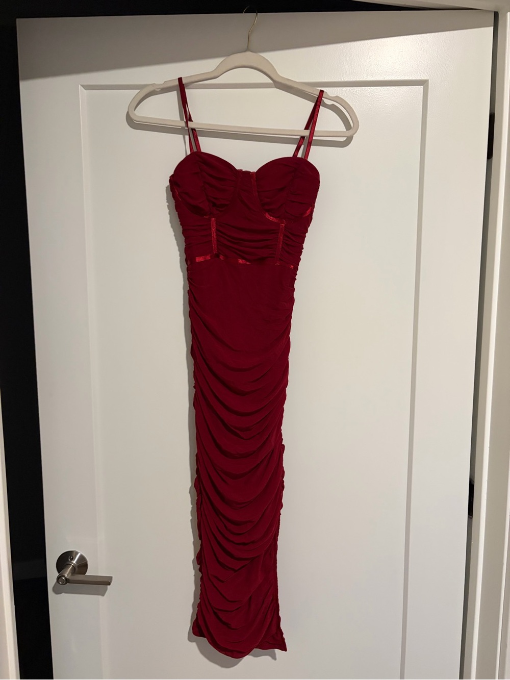 privy Red Ruched Midi Dress with Sweetheart Bust